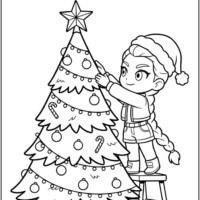Chibi-style Rumi Decorating a Christmas Tree Coloring Pages