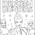 Huntrix Group Members with Logo Coloring Pages Printable